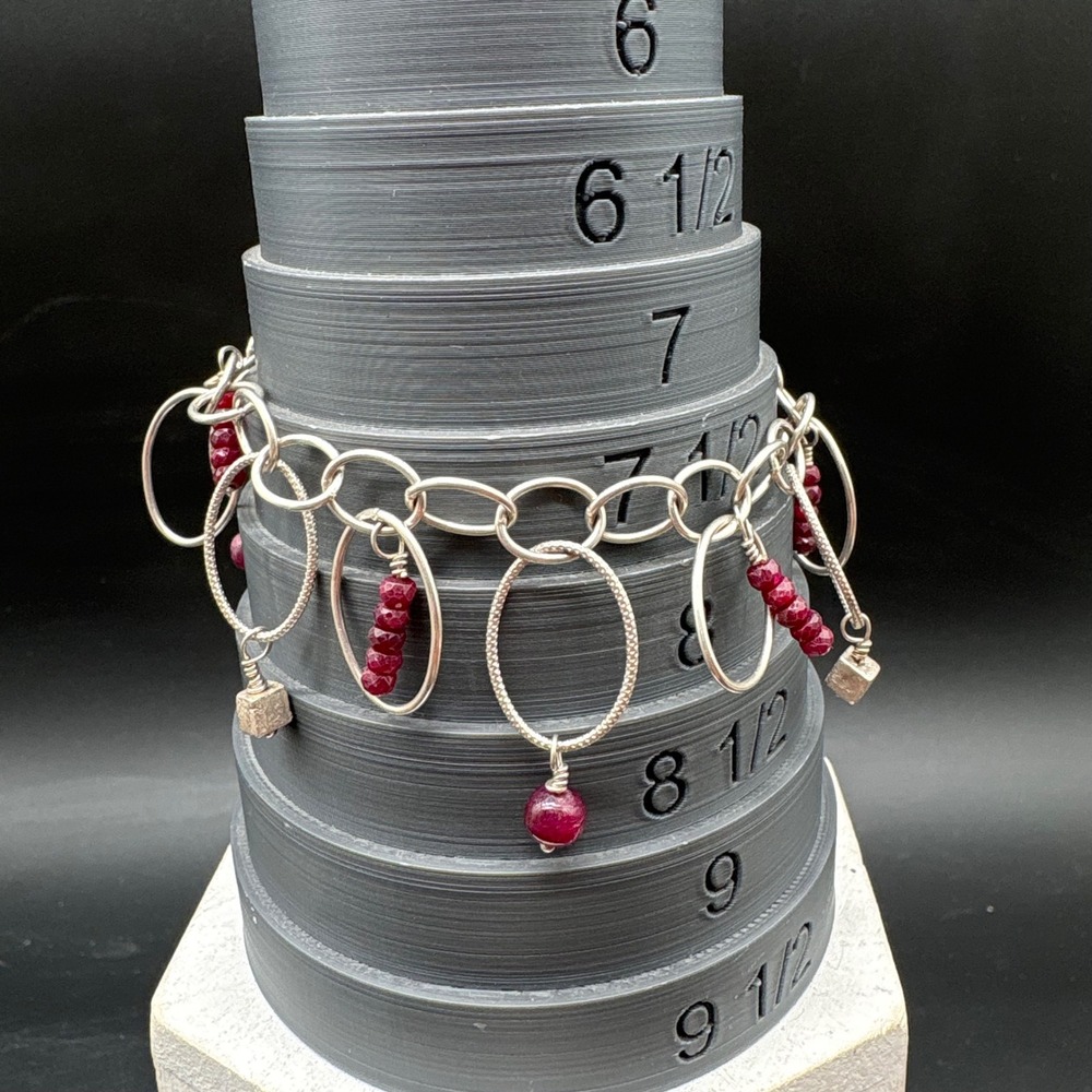 Sterling Silver Charm Bracelet Women 7.5 Silver Excellent Heart Ruby Dangle